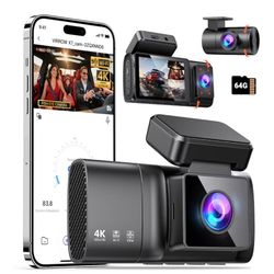 Brand New 3 Channel Dash Cam: 4K+1080P+1080P-Dash Cam Front and Rear Inside with Free 64GB Card & 5GHz WiFi - Dash Camera for Cars with IR Night Visio