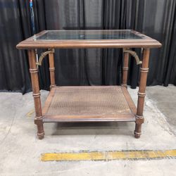 Brown Faux Bamboo Wood End Table with Glass Top