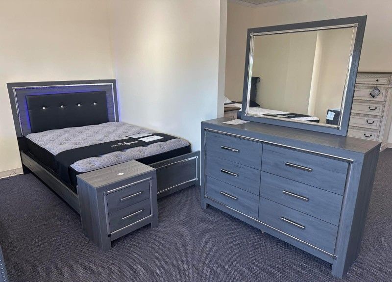 Lodanna Gray LED Upholstered Panel Bedroom Set Bed, Dresser, Mirror, Nightstand