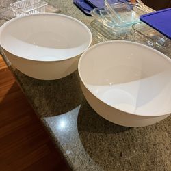 (2) Large White Serving Bowls 11–12” Salad / Party Bowls