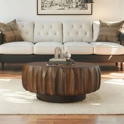 Round Carved Wood Coffee Table