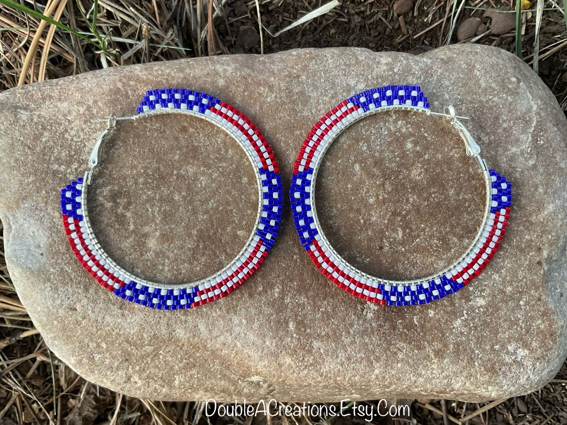 American Flag 1 1/2” Beaded Hoops, New, Handmade By Me