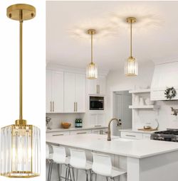 2 Pack Crystal Pendant Lights, Brushed Gold Kitchen Hanging Pendant Light Fixtures, Modern Hexagonal Crystal Pen dant Lighting for Kitchen Island, Din