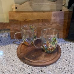 2 Double Walled Glass Boho Floral Mugs