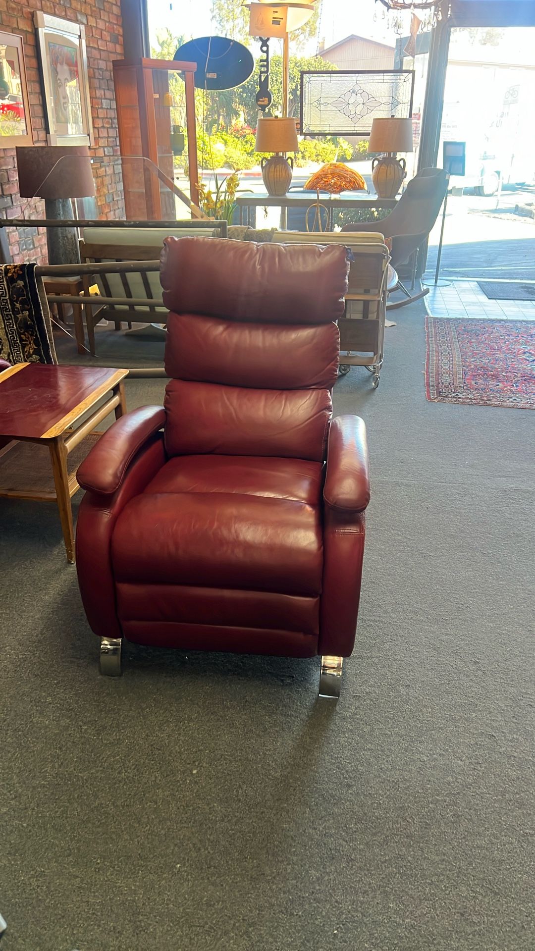 Modern Recliner in Red Leather with Chrome Legs – Bold Comfort, Contemporary Edge