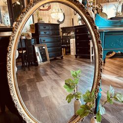 Antique Gold Hollywood Regency Oval Mirror 