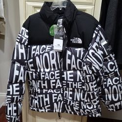 The North Face Nuptse All-Over Letter Print Zip-Up Stand Collar Down Jacket