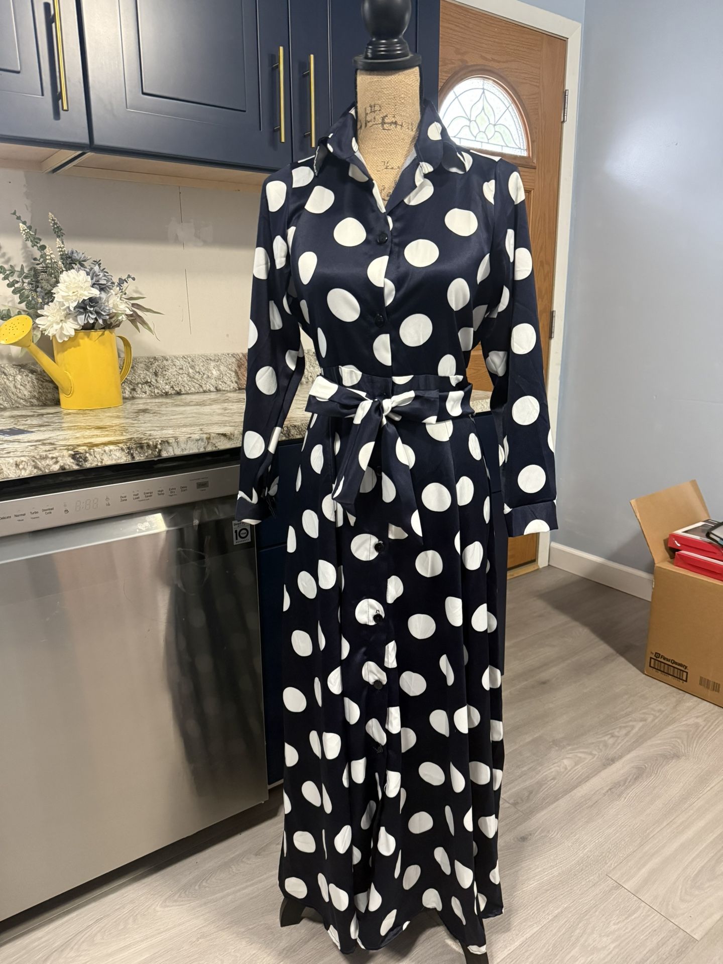 Polka Dot Maxi Dress - Navy & White size M check more pictures