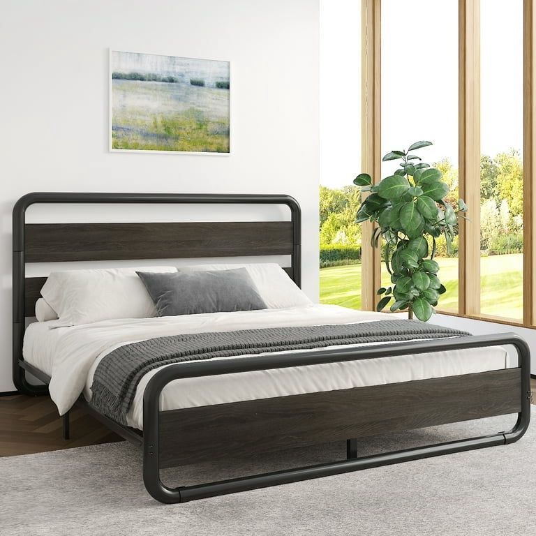 Queen Size Metal Bed Frame with Wooden Headboard and Footboard, Heavy Duty Oval-Shaped Platform Bed with Under-Bed Storage, Noise Free
