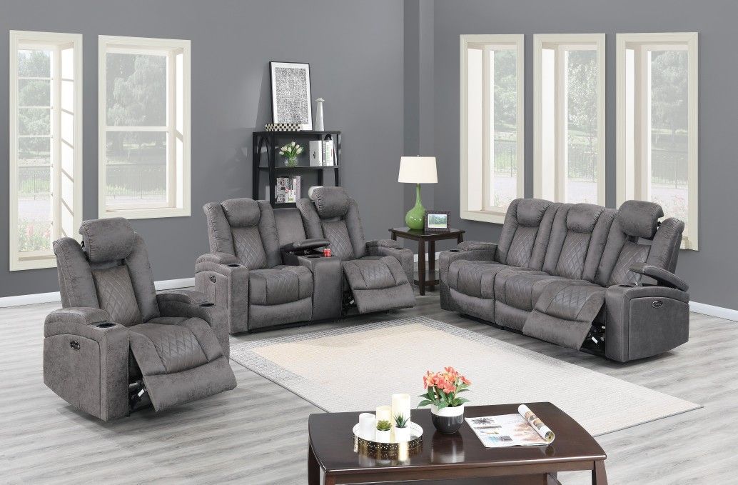 Brand New Grey Leather 3pc Power Reclining Sofa Set