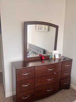 Dark Brown Wood Dresser with Mirror