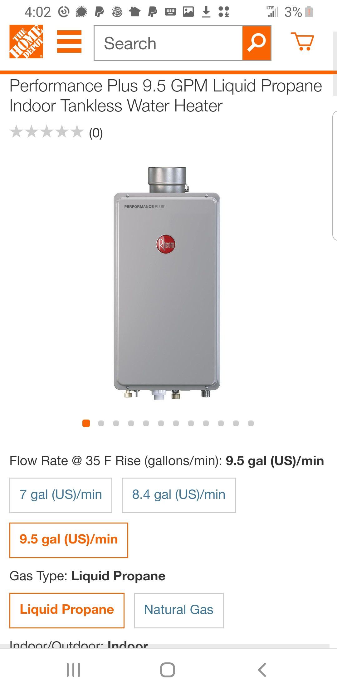 Rheem tankless LPG water heater 199,000 btu propane