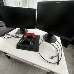 Full Gaming Setup 2 monitors 1 PS4 2 Controllers