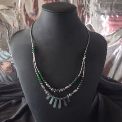 Vintage Sterling Silver & Green Aventurine/Jade Double Strand Necklace