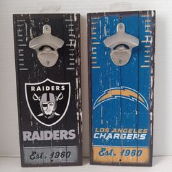 Raiders and Chargers WinCraft NFL Team Wooden Bottle Cap Opener Signs 5" x 12"