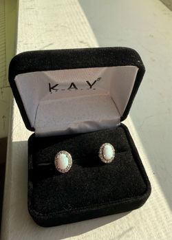 Oval-Cut Lab-Created Opal & White Lab-Created Sapphire Stud Earrings Sterling Silver