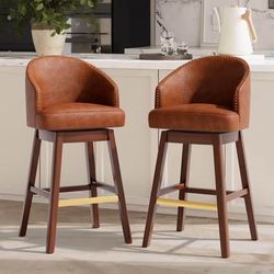 SALE! New Set of 2 Brown Faux Leather Swivel Barstools with Nailhead Trim
