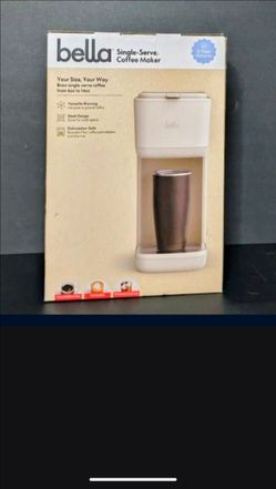 BELLA Single-Serve Coffee Maker, compatible with K-Cups and ground coffee, featuring a removable and adjustable drip tray and auto shut-off.
