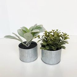 Set of 2 Small Artificial Plants in Galvanized Tin Pots
