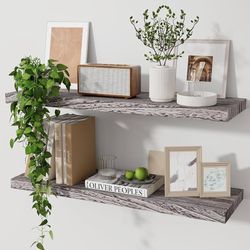 Wood Floating Shelves for Wall Set of 2, 24 Inch Wide Rustic Wooden Floating Shelves, Invisible Wall Mounted Display for Living Room Bedroom Kitchen B