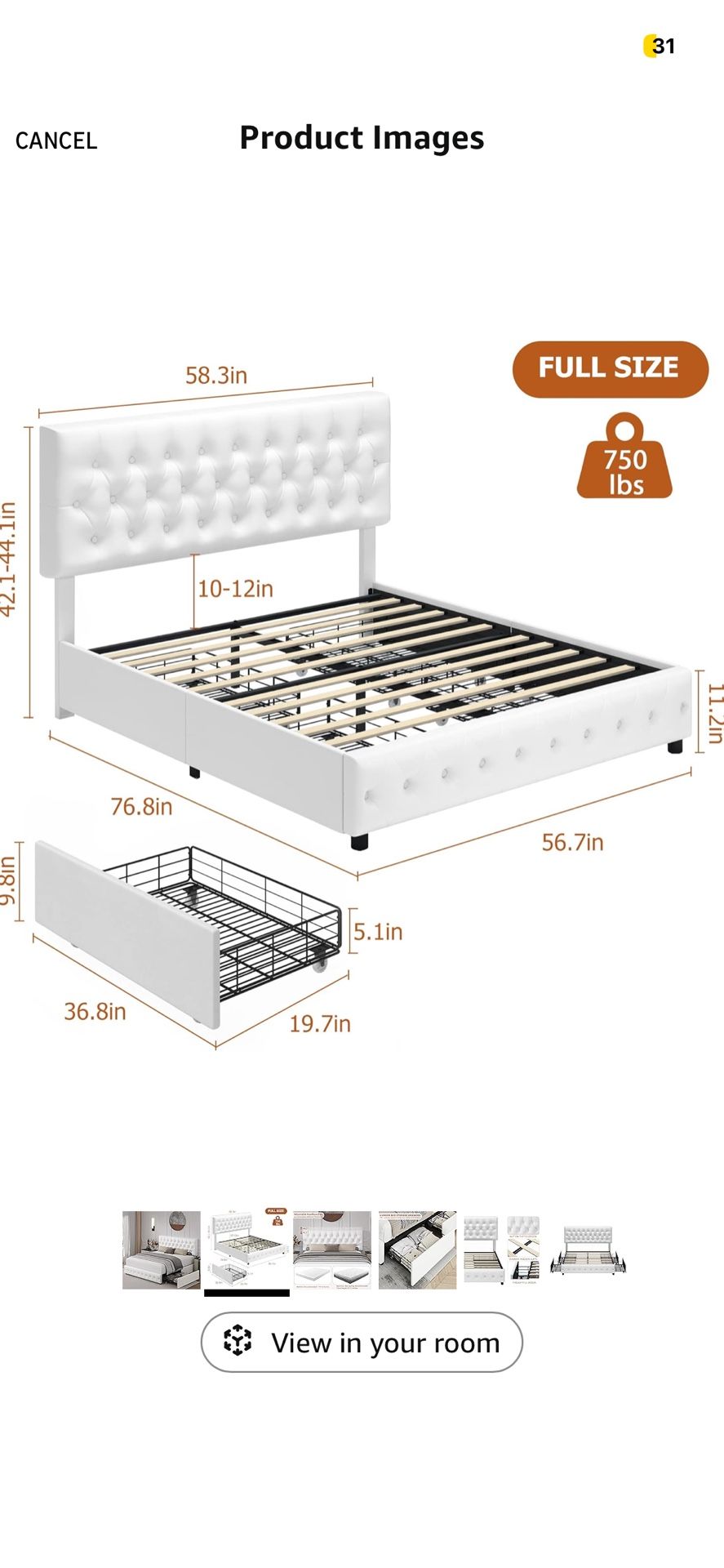 Great Condition White Tufted FULL Size Bed Frame
