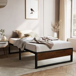 Twin Size Metal Platform Bed Frame with Wooden Board & Underbed Storage, Mattress Foundation