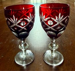 Vintage Bohemian Ruby Red Cut-to-Clear Cordial Glasses - Set of 2