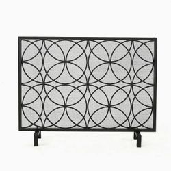 New-Country Style Fireplace Screens Decor, Single Panel Spark Guard Standing Gate for Stove Open Fire/Log Wood Burner, Support Feet,Gold (Black)