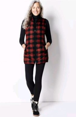 J. Jill Down Womens Size XL Red Black Buffalo Plaid Puffer Vest Full Zip Pockets.