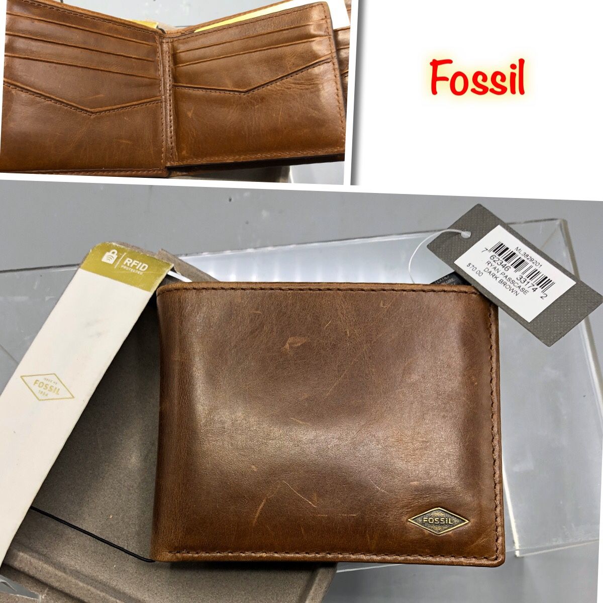 Fossil Men's Ryan RFID Passcase Wallet Dark Brown Genuine Leather