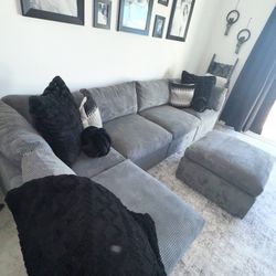Gray Corduroy Sectional with Ottoman – 6 Piece Set