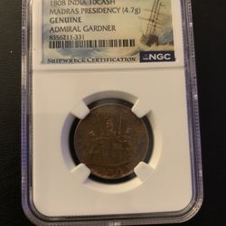 NGC Admiral Gardner Shipwreck 1808 India 10 Madras Presidency Sea Salvaged Coin