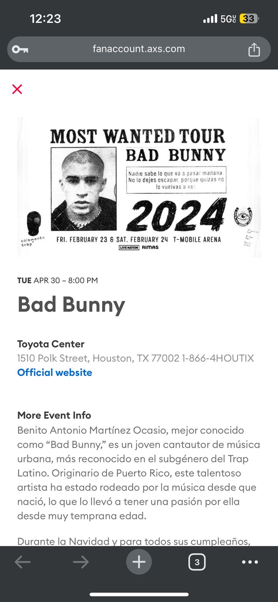 Bad Bunny Most Wanted Tour 4/30 ONLY