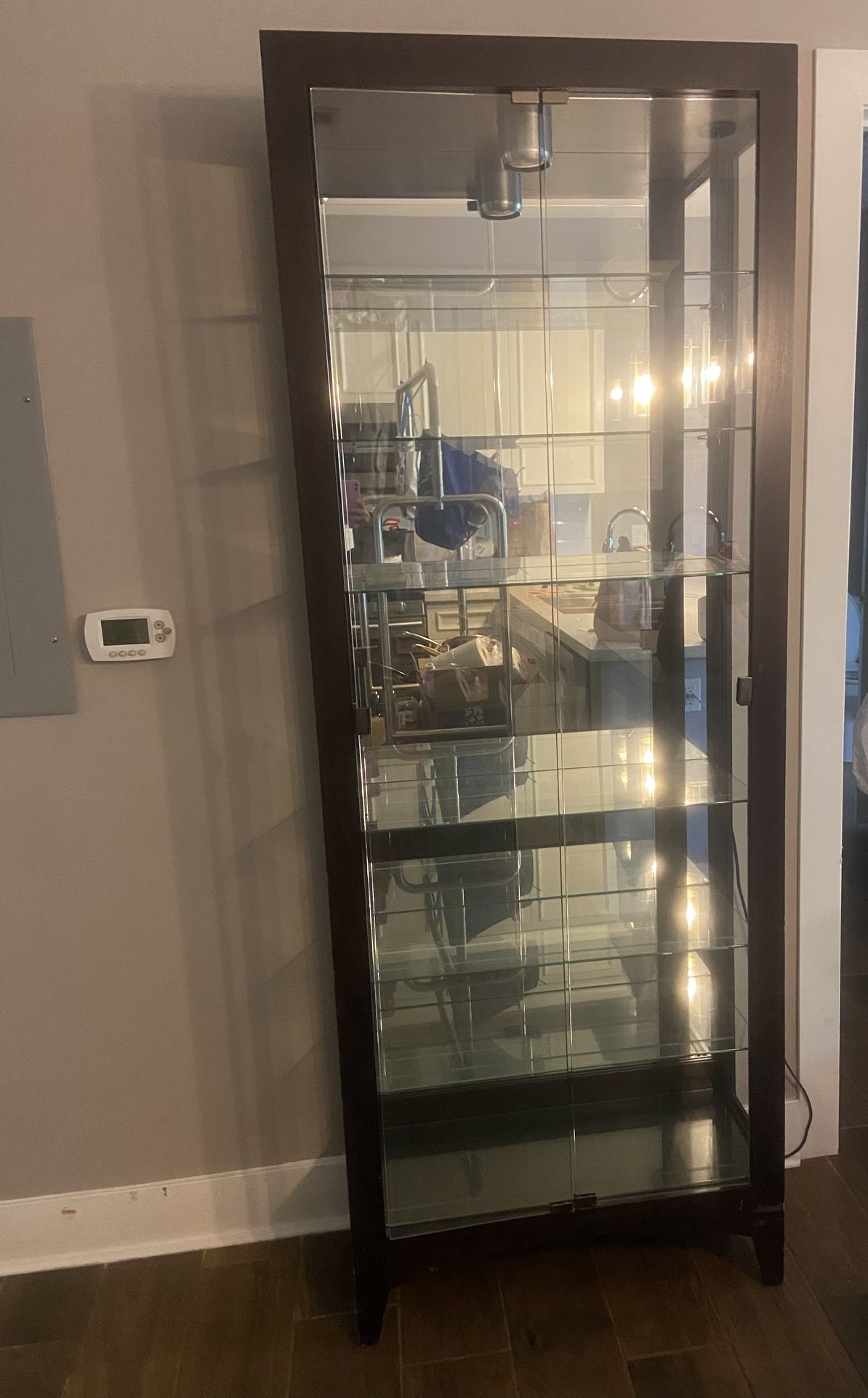 Brown Glass Curio Cabinet With 7 Glass Shelves. Side Panel Missing On One Side. 100 OBO