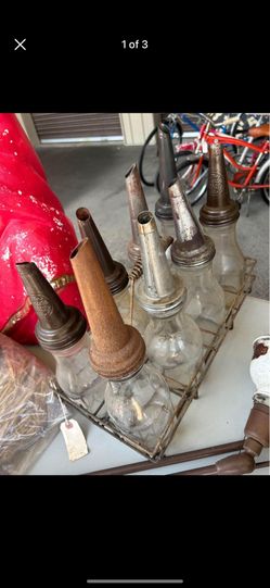 Vintage Oil Bottles With Metal Carrier