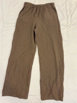 Brown Textured Drawstring Wide-Leg Pants