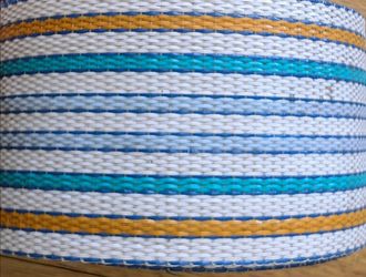Vintage Ruson Striped Yellow/White/Blue Lawn Chair Webbing 25+ ft Pre-Cut Strips