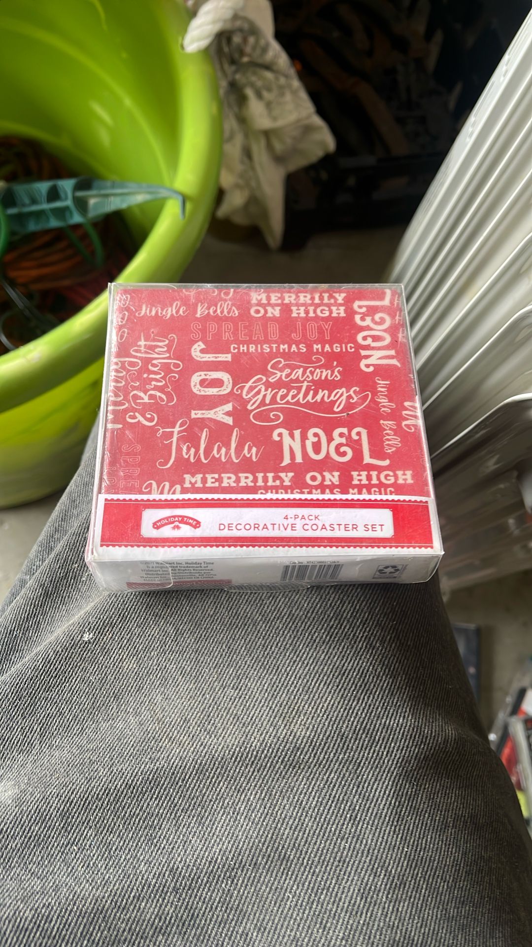 The image shows a Holiday Time 4-pack decorative coaster set. 