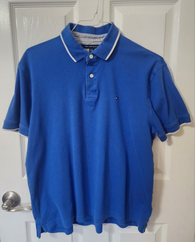 Tommy Hilfiger Polo Shirt Size L Men's Blue Short Sleeve Classic Fit 100% Cotton