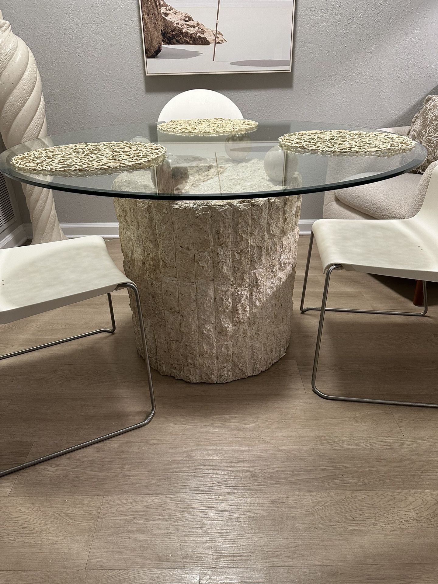 Vintage Postmodern Natural Mactan Stone Dinning Table With Glass Top