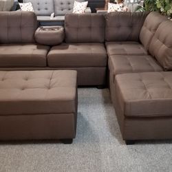 Brand New 104" x 81" Gray Or Brown Linen Reversible Sectional With Storage Chaise (Without Ottoman)
