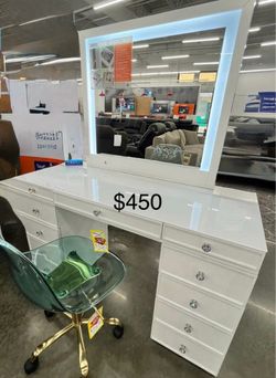 White Vanity Desk with LED Mirror