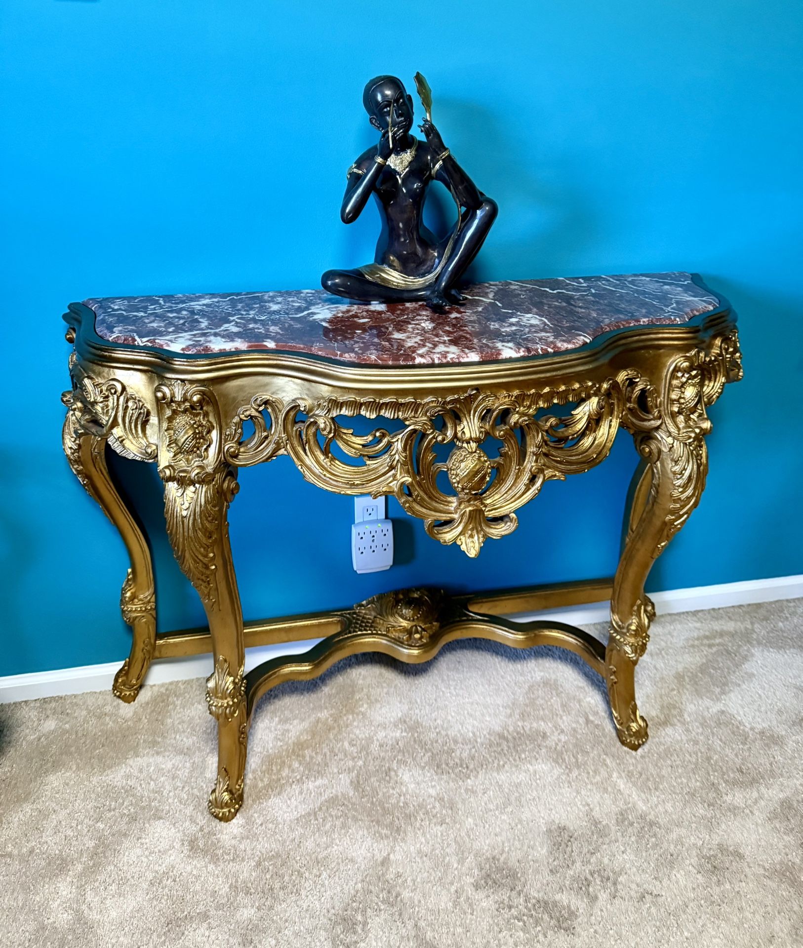 Gold Gilded Wood Carved Console Table with Marble Top