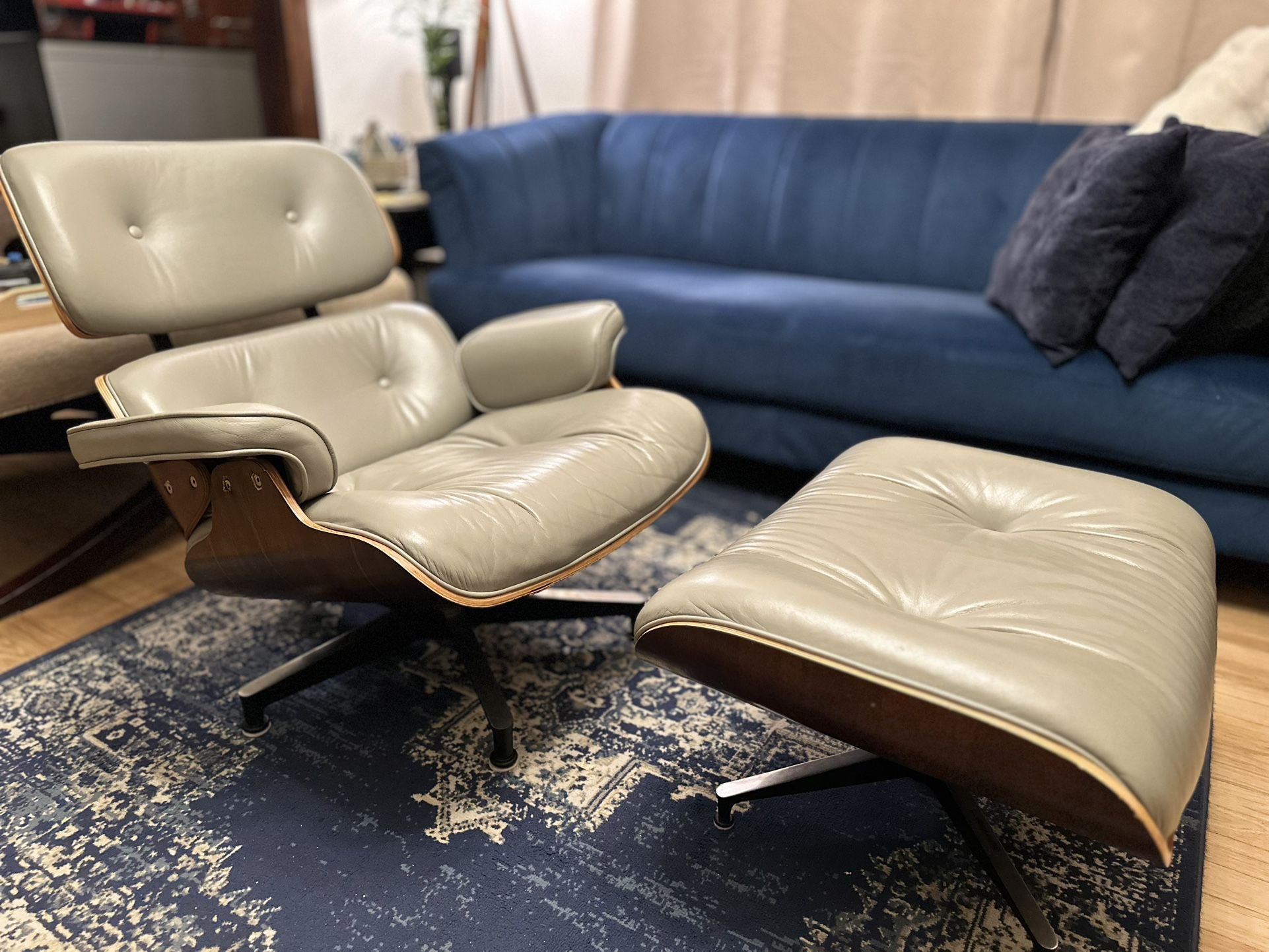 Eames Style Chair With Ottoman (Walnut Color Leather)