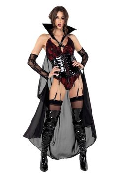 Playboy Vampire Costume Pointed Sequin Lace Bodysuit High Collar Cape PB115 - Size M - NEW!