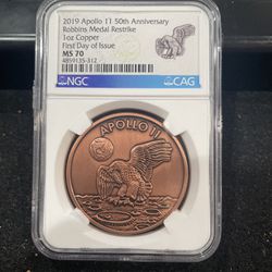 2019 Apollo 11th 50 Anniversary 1 Ounce Copper Medal Graded At MS70 9-12