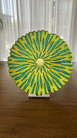 13" Vintage Art Glass Sunburst Platter - Vibrant Lime & Teal MCM Style