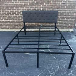 Queen Size Bed Frame with Black Fabric Headboard