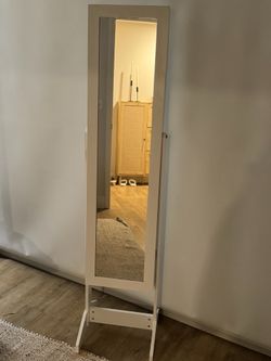 Standing Jewelry Armoire with Full-Length Mirror - White