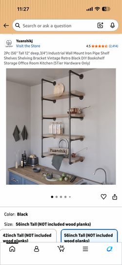 2Pc (56" Tall 12" deep,3/4") Industrial Wall Mount Iron 5Tier Hardware Only) Pipe Shelf